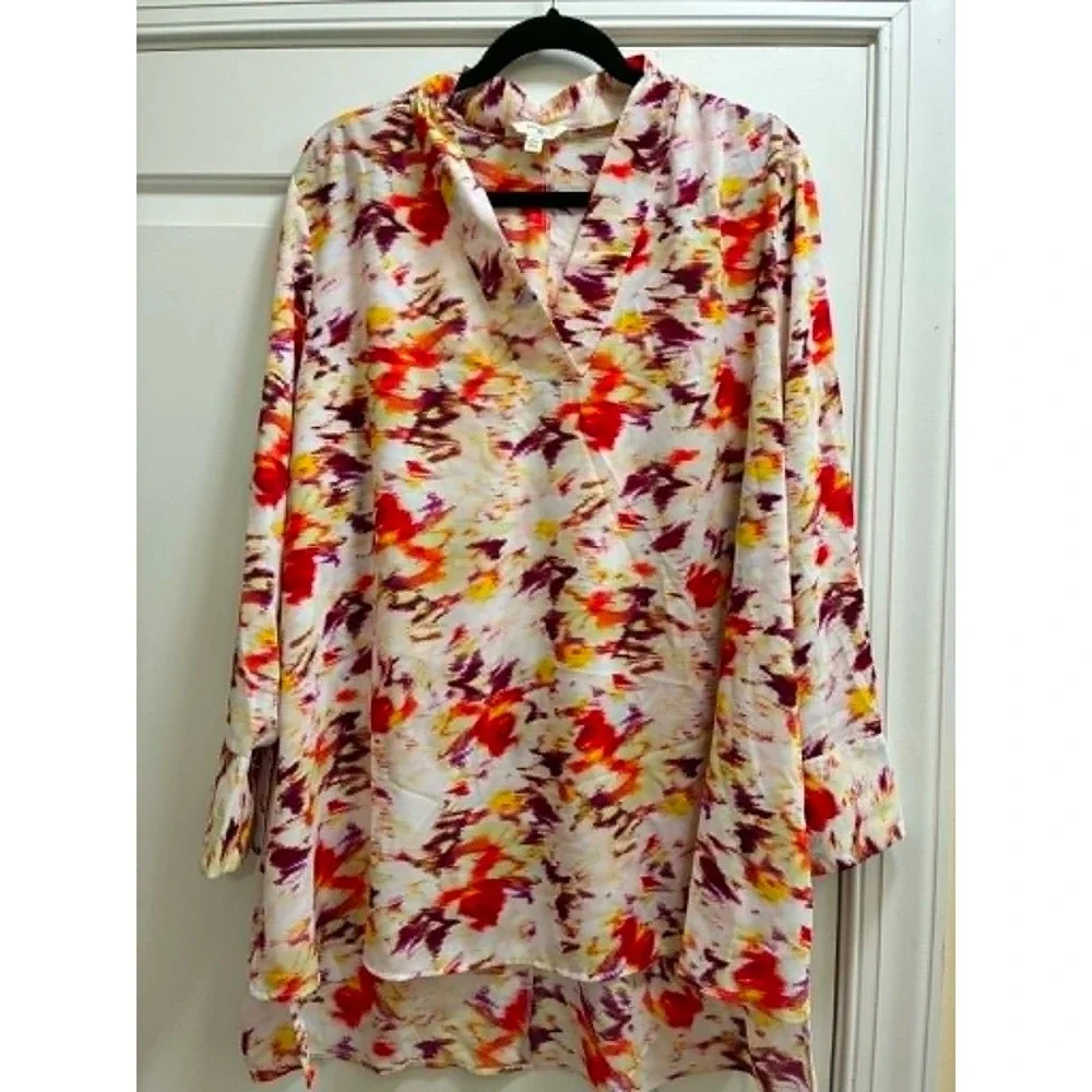 Terra & Sky Womens 1X‎ 16W-18W Abstract Floral Tunic Blouse V Neck 3/4 Plus